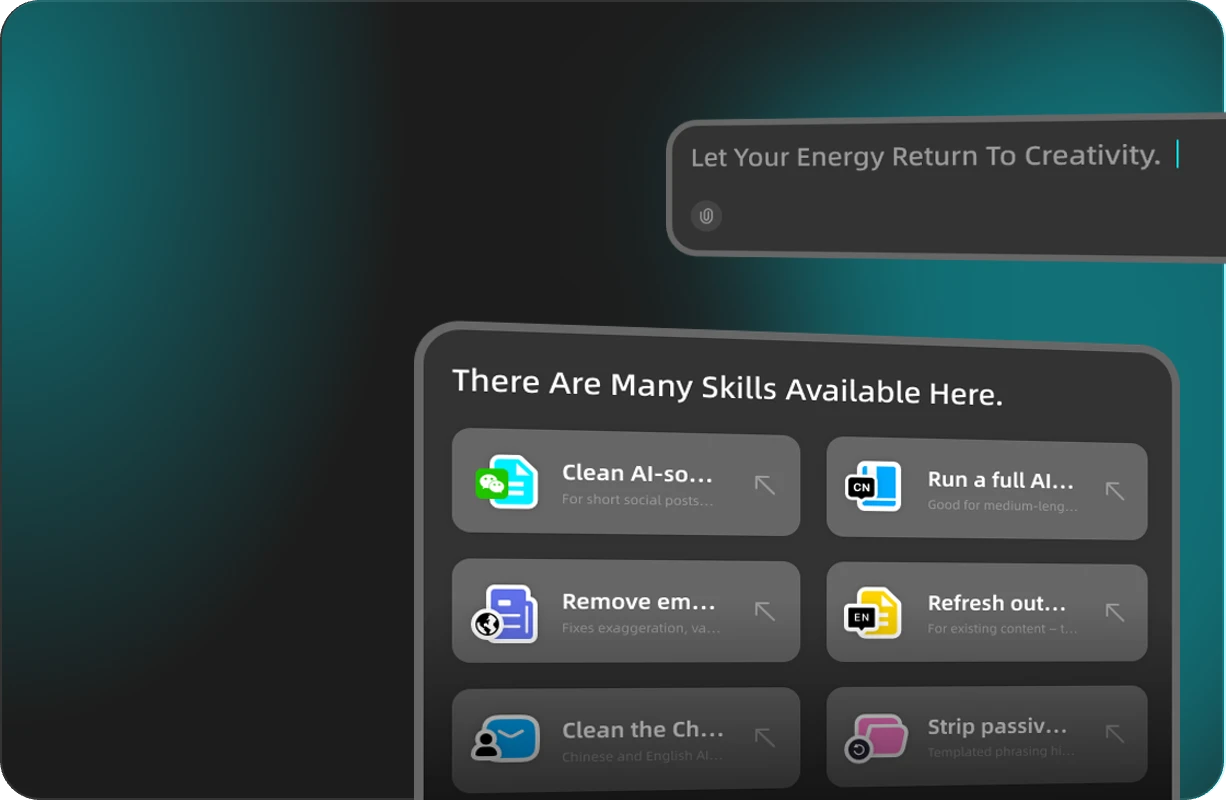 Screenshot of iMini Agent workspace with prompt box and Skills